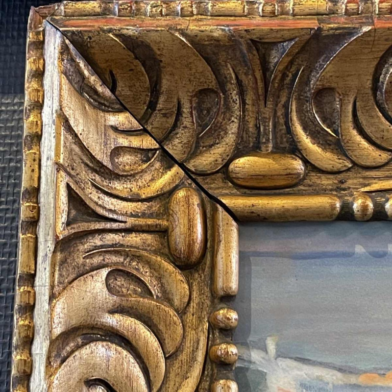 JULES VAN DE LEENE, Schilderij Marine " Gestrande boten " Gouache karton ca 1920