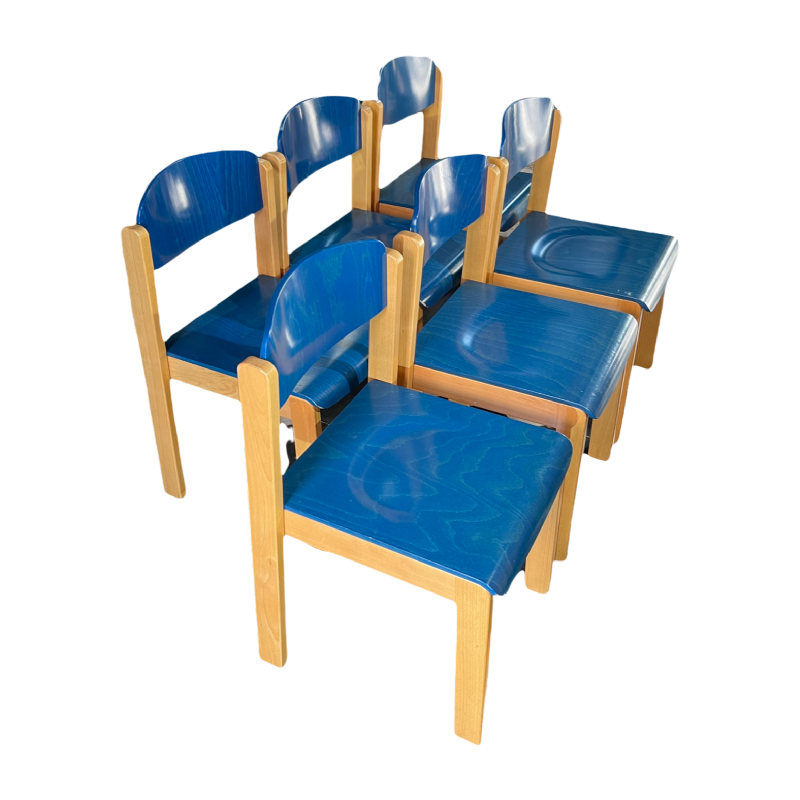 Série de 6 chaises empilables, Design italien, hêtre teinté bleu, ca 1980