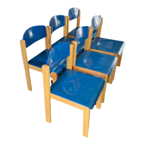 Set of 6 stackable chairs, Italian design, blue-stained beech, circa 1980