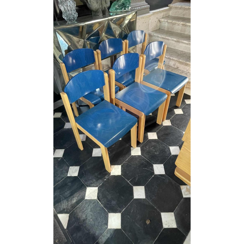 Set of 6 stackable chairs, Italian design, blue-stained beech, circa 1980