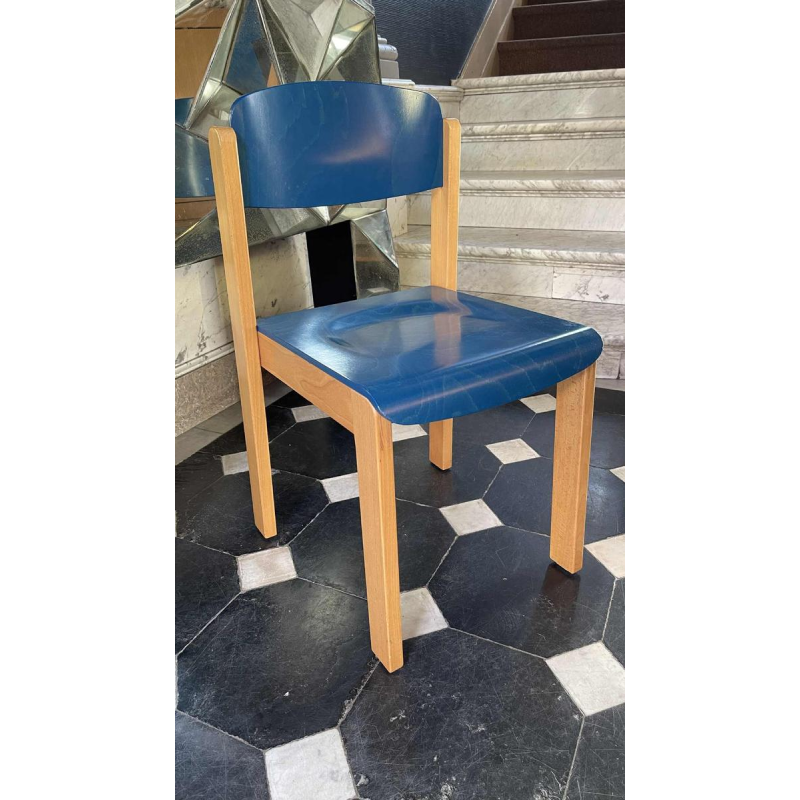 Set of 6 stackable chairs, Italian design, blue-stained beech, circa 1980