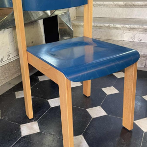 Set of 6 stackable chairs, Italian design, blue-stained beech, circa 1980