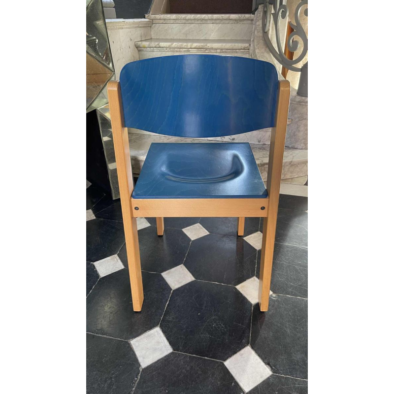 Série de 6 chaises empilables, Design italien, hêtre teinté bleu, ca 1980