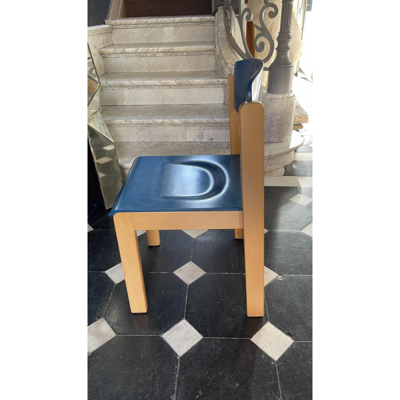 Set of 6 stackable chairs, Italian design, blue-stained beech, circa 1980