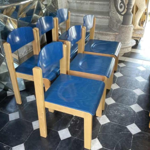 Set of 6 stackable chairs, Italian design, blue-stained beech, circa 1980