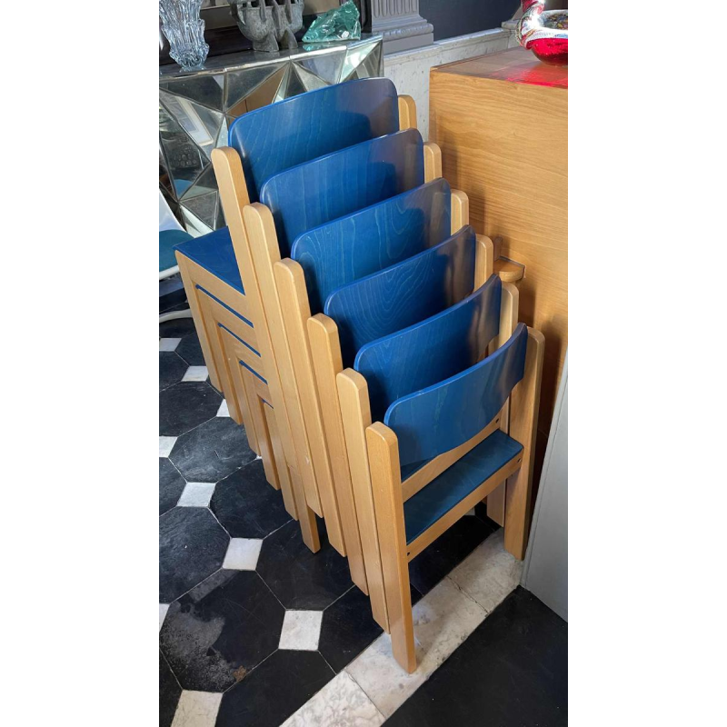 Set van 6 stapelbare stoelen, Italiaans design, blauw gebeitst beukenhout, circa 1980