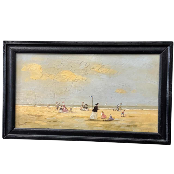Victor DOUMONT «Scène de plage belle époque» tableau huile sur panneau