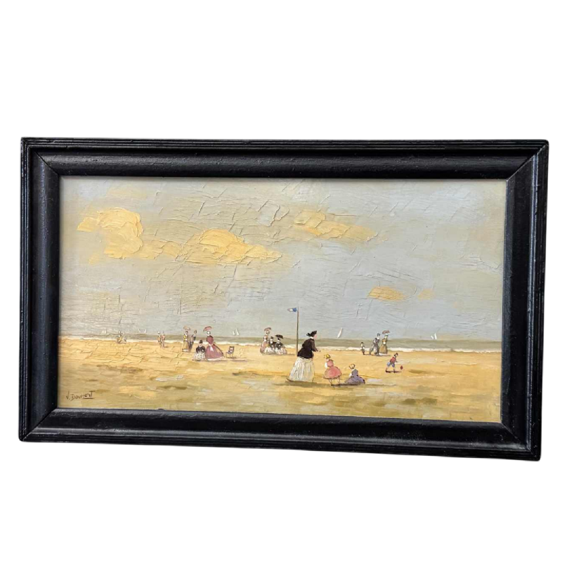 Victor DOUMONT “Strandtafereel uit de belle époque” olieverfschilderij op paneel