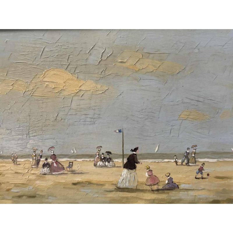 Victor DOUMONT «Scène de plage belle époque» tableau huile sur panneau