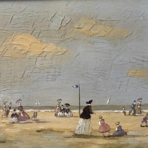 Victor DOUMONT «Scène de plage belle époque» tableau huile sur panneau