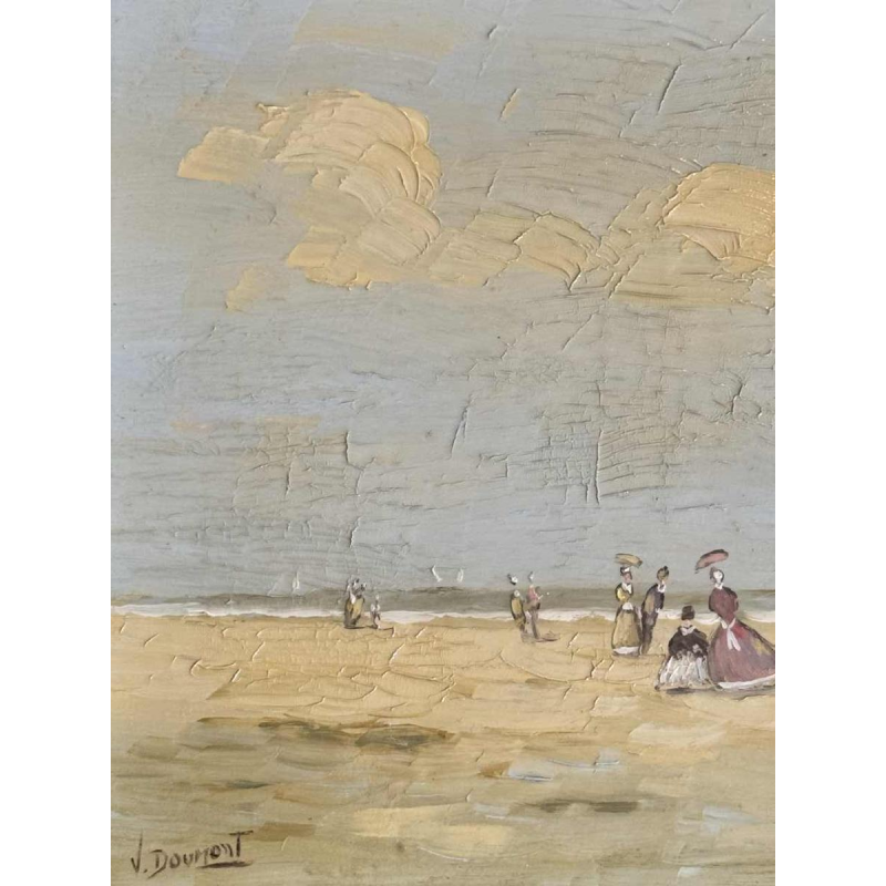 Victor DOUMONT “Strandtafereel uit de belle époque” olieverfschilderij op paneel