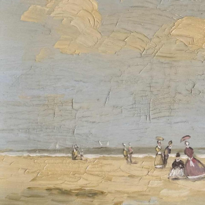 Victor DOUMONT ‘Beach scene from the Belle Époque’ oil painting on panel