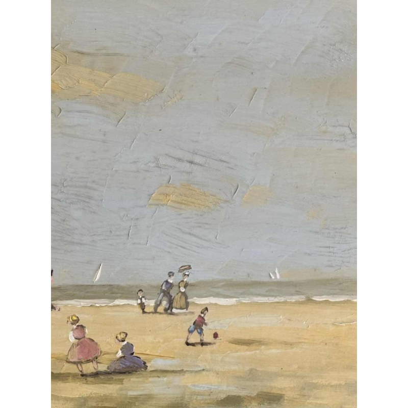 Victor DOUMONT “Strandtafereel uit de belle époque” olieverfschilderij op paneel