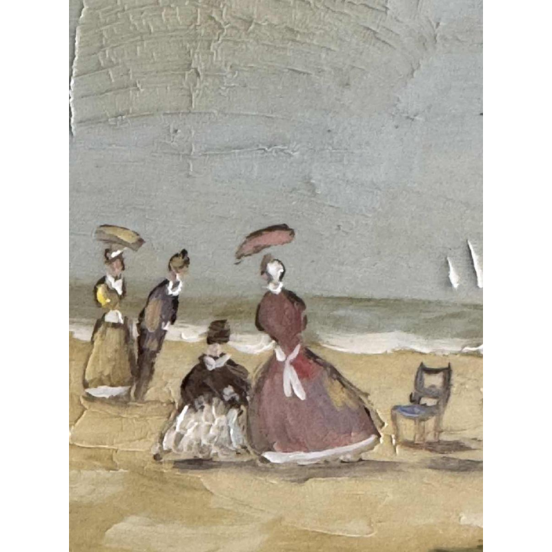 Victor DOUMONT “Strandtafereel uit de belle époque” olieverfschilderij op paneel