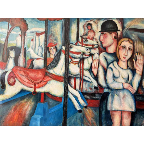 Marcel HOCQ (1933-2021): « De galopperende carrousel» schilderij
