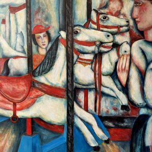 Marcel HOCQ (1933-2021): « De galopperende carrousel» schilderij