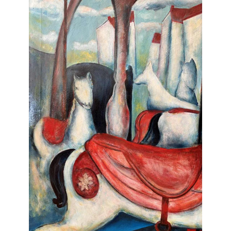 Marcel HOCQ (1933-2021): « De galopperende carrousel» schilderij