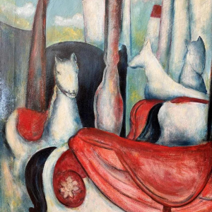 Marcel HOCQ (1933-2021): « De galopperende carrousel» schilderij