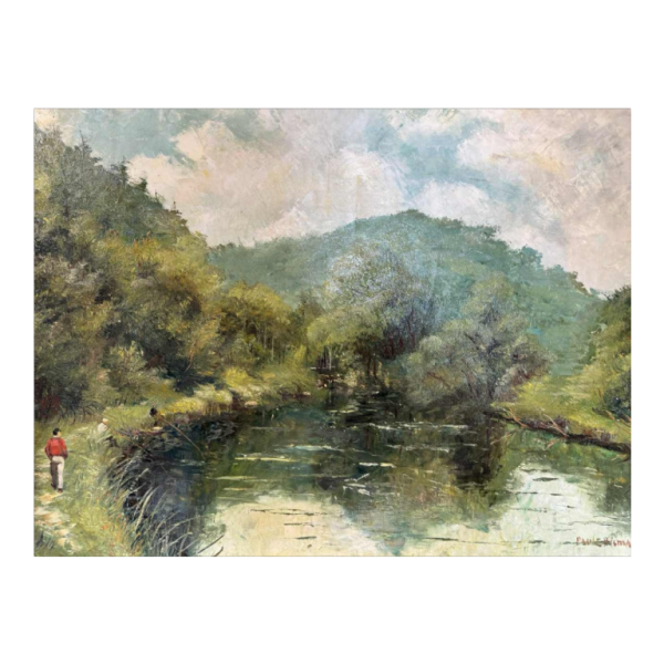 Paule BISMAN « Pêcheurs dans un coin d’Ardenne » peinture huile sur toile