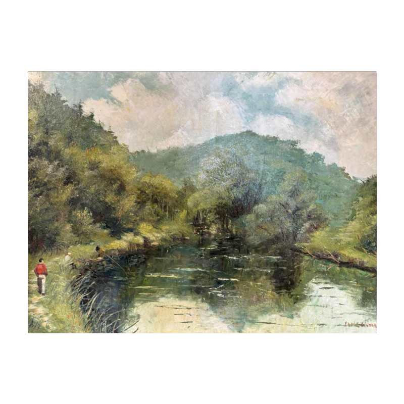 Paule BISMAN « Pêcheurs dans un coin d’Ardenne » peinture huile sur toile