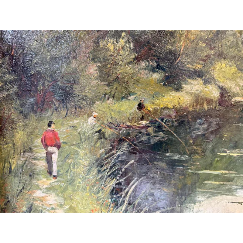 Paule BISMAN « Pêcheurs dans un coin d’Ardenne » peinture huile sur toile