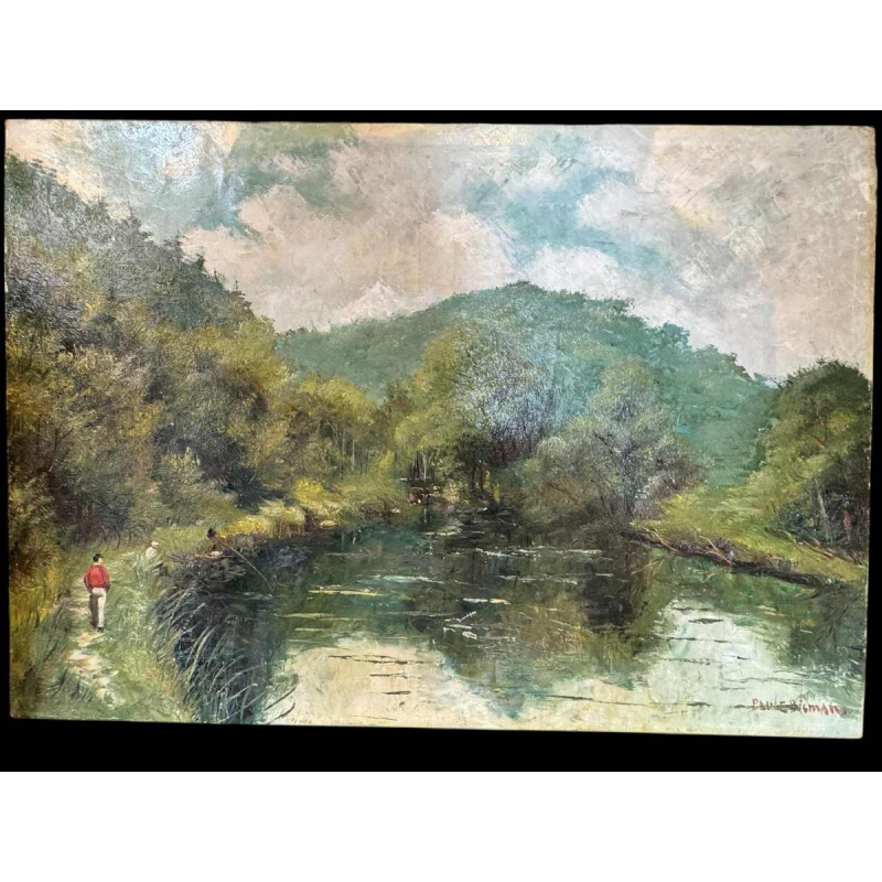 Paule BISMAN “Pêcheurs dans un coin d'Ardenne“ oil on canvas