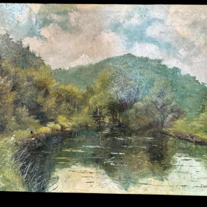 Paule BISMAN « Pêcheurs dans un coin d’Ardenne » peinture huile sur toile