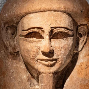 Top of an anthropomorphic sarcophagus carved with a face, Egypt, Saite period, 664 - 525 BC