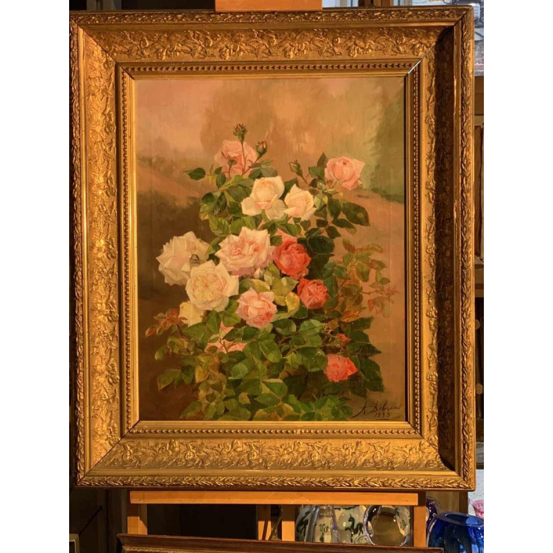 Alexandre DEBRUS "bouquet de roses avec gouttes d'eau - de rosée" huile/toile