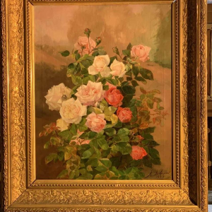 Alexandre DEBRUS "bouquet de roses avec gouttes d'eau - de rosée" huile/toile