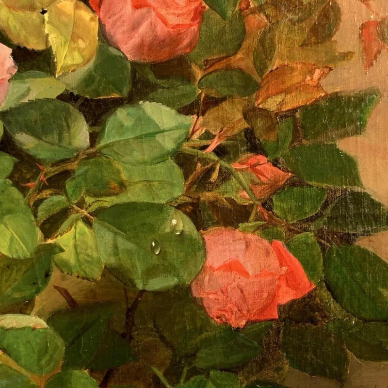 Alexandre Debrus "boeket rozen met waterdruppels" olie op doek 61x49 cm