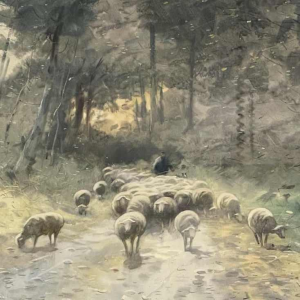 Maurice Hagemans aquarelle « le troupeau de moutons et son berger »
