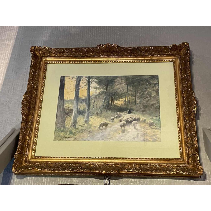 Maurice Hagemans aquarelle « le troupeau de moutons et son berger »
