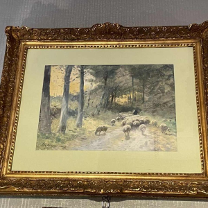 Maurice Hagemans aquarelle « le troupeau de moutons et son berger »