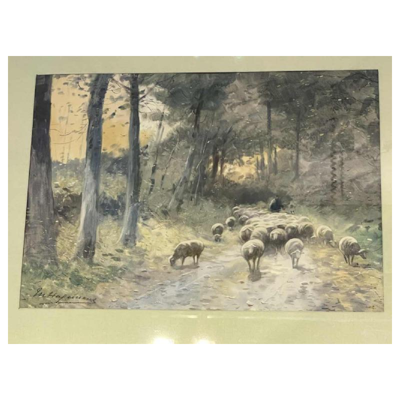 Maurice Hagemans aquarelle « le troupeau de moutons et son berger »