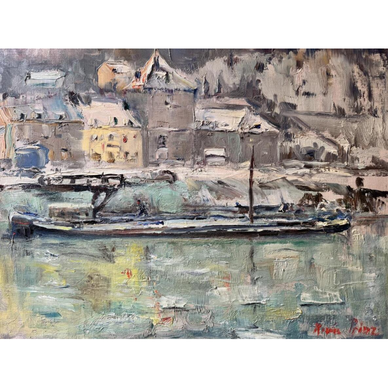 Renée PRINZ «La Meuse à Lives-sur-Meuse en hiver» huile peinture sur toile