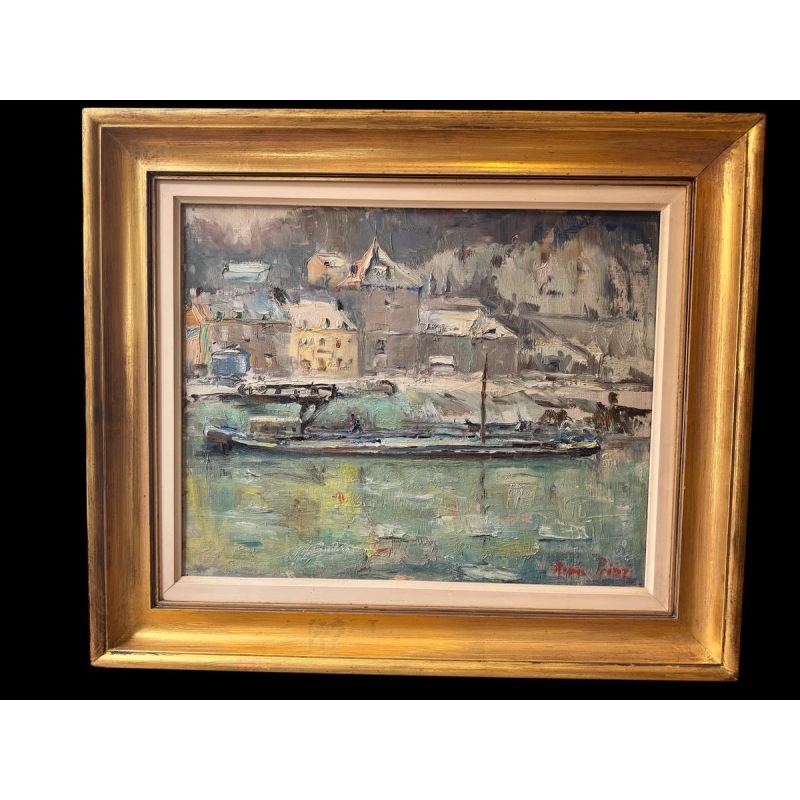 Renée PRINZ «La Meuse à Lives-sur-Meuse en hiver» huile peinture sur toile