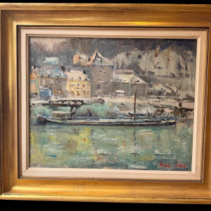 Renée PRINZ “The Meuse at Lives-sur-Meuse in winter” oil painting on canvas
