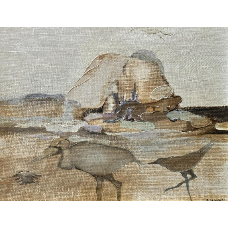 André SPRUMONT - Paysage abstrait aux échassiers - huile peinture sur toile marouflée