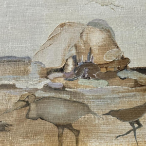 André SPRUMONT - Paysage abstrait aux échassiers - huile peinture sur toile marouflée