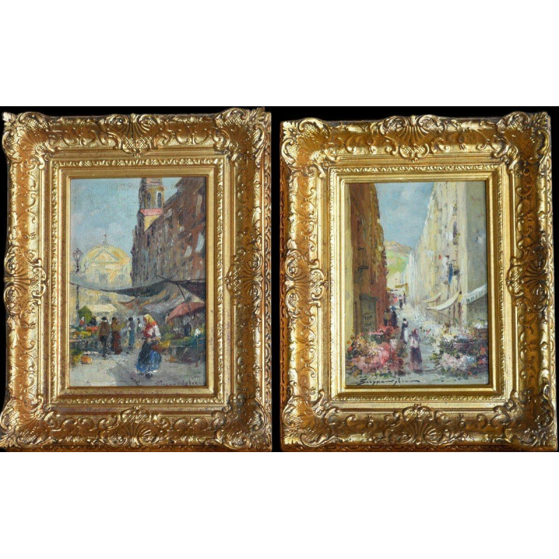Paire de tableaux - scènes animées de marchés aux fleurs, XXe s