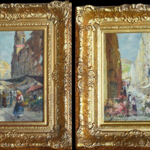 Paire de tableaux - scènes animées de marchés aux fleurs, XXe s