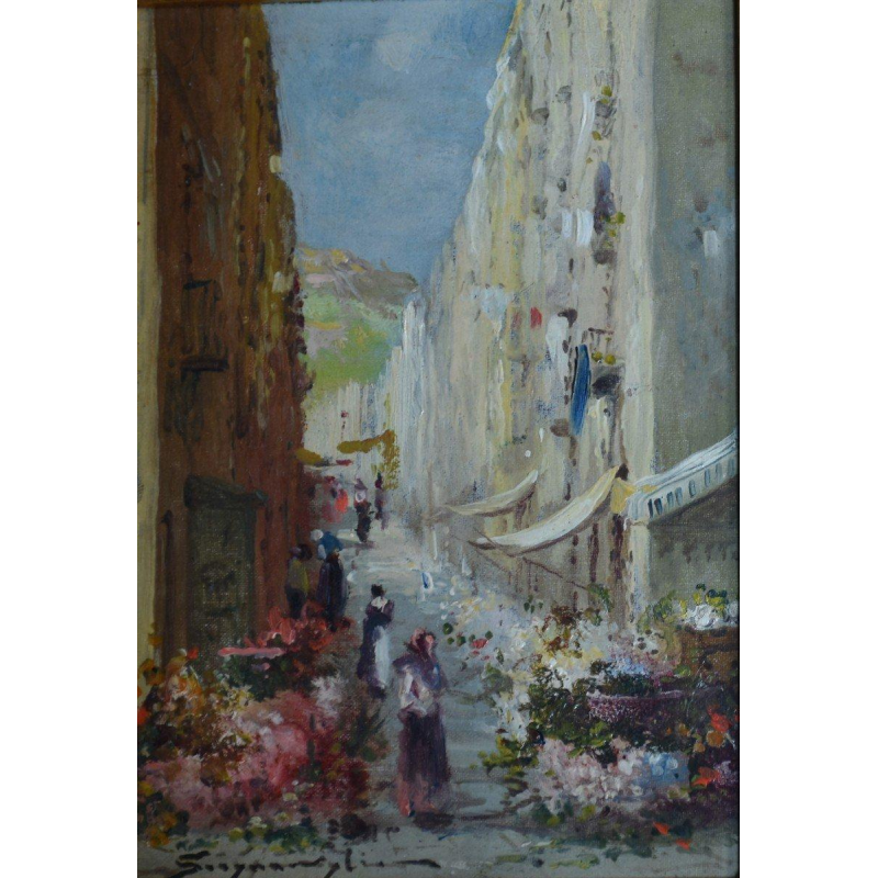 Pair of paintings - animated flower market scenes, 20th century