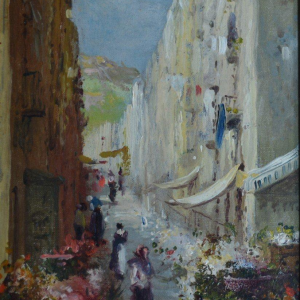 Paire de tableaux - scènes animées de marchés aux fleurs, XXe s