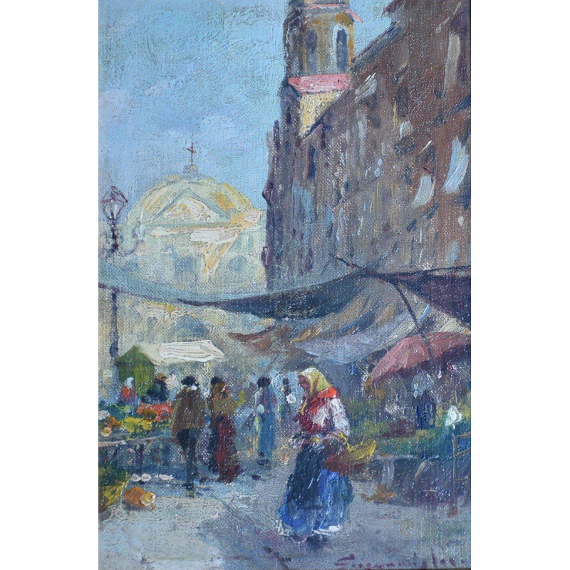 Pair of paintings - animated flower market scenes, 20th century