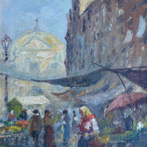 Paire de tableaux - scènes animées de marchés aux fleurs, XXe s