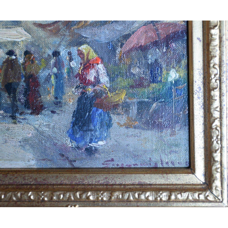 Pair of paintings - animated flower market scenes, 20th century