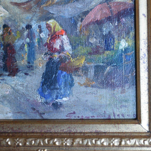 Pair of paintings - animated flower market scenes, 20th century