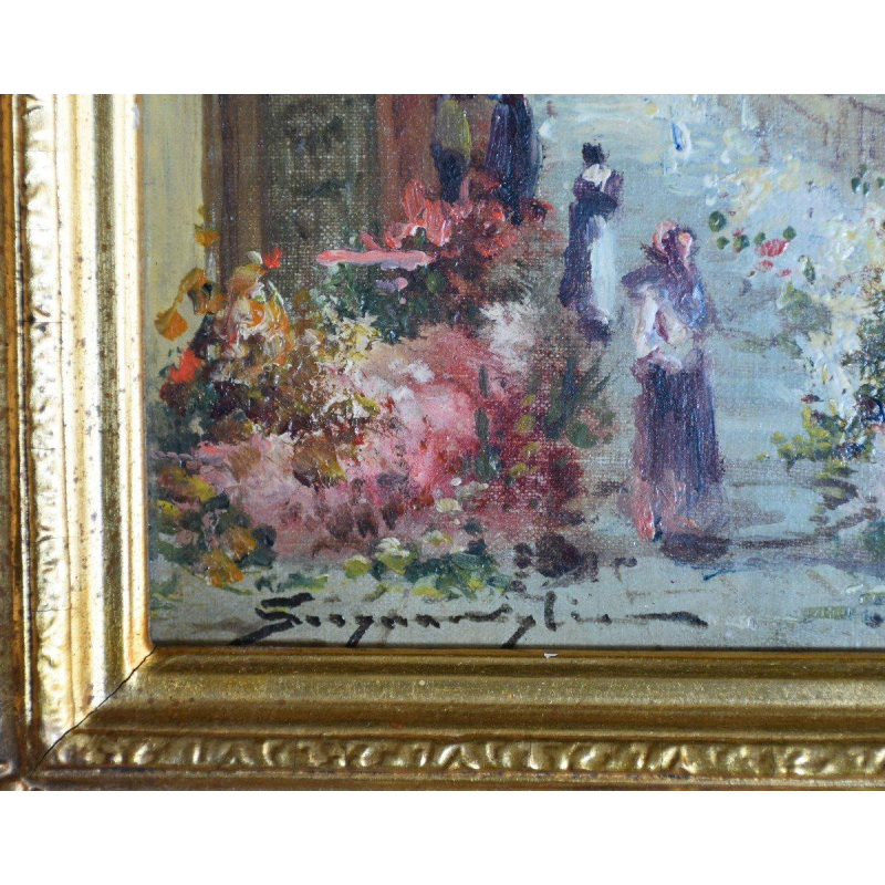 Schilderijenpaar - geanimeerde bloemenmarktscènes, 20e eeuw