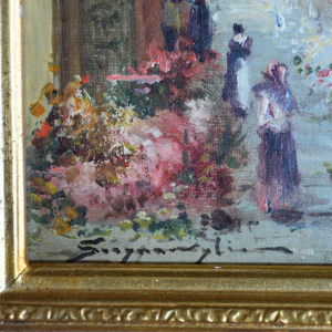 Paire de tableaux - scènes animées de marchés aux fleurs, XXe s